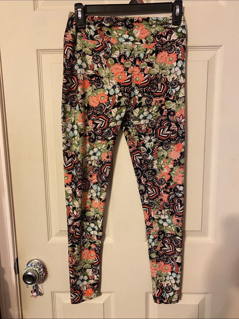 LuLaRoe Floral Paisley Girls Leggings in Coral, Green & Black